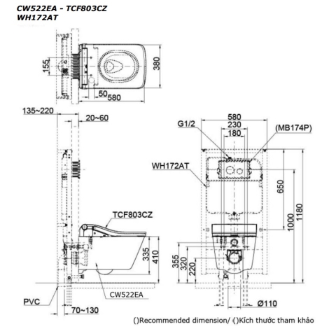 Bồn Cầu TOTO CW522EA/TCF803CZ/WH172AT/MB171M#SS Treo Tường Giấu Dây
