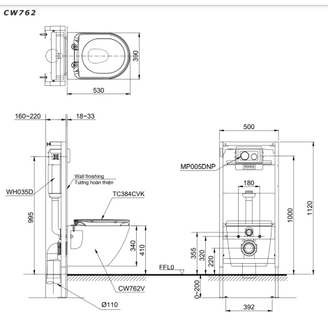 Bồn Cầu TOTO CW762/TC384CVK#W/MB170P/WH171A Treo Tường