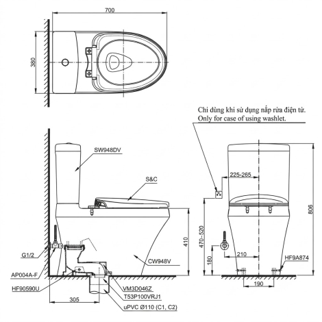 Bồn Cầu Điện Tử TOTO CS948CDW23 Washlet Giấu Dây Nắp TCF47360GAA S7