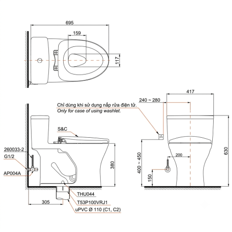 Bồn Cầu Điện Tử TOTO MS885CDW23 Nắp Rửa Washlet TCF47360GAA S7 Giấu Dây