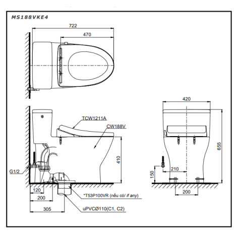 Bồn Cầu TOTO MS188VKE4 Một Khối Nắp Cơ TCW1211A