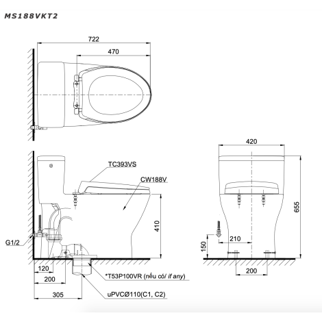 Bồn Cầu TOTO MS188VKT2 Một Khối Nắp TC393VS