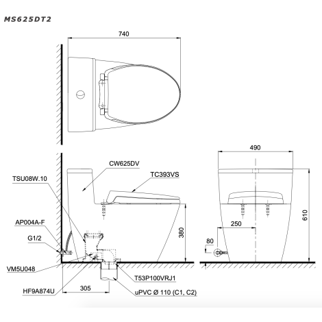 Bồn Cầu TOTO MS625DT2 1 Khối Nắp Êm TC393VS
