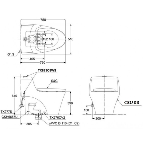 Bồn Cầu TOTO MS823DRT2 Một Khối Nắp TC393VS