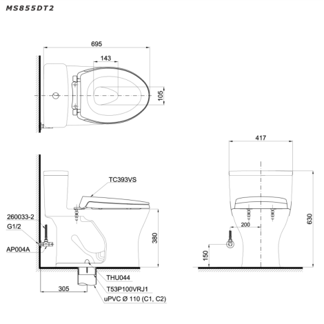 Bồn Cầu TOTO MS855DT2 Một Khối Nắp TC393VS