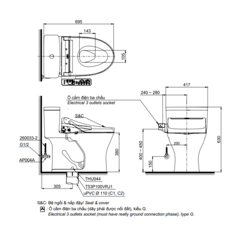 Bồn Cầu Điện Tử TOTO MS855DW16 Nắp Rửa Washlet TCF23410AAA C2