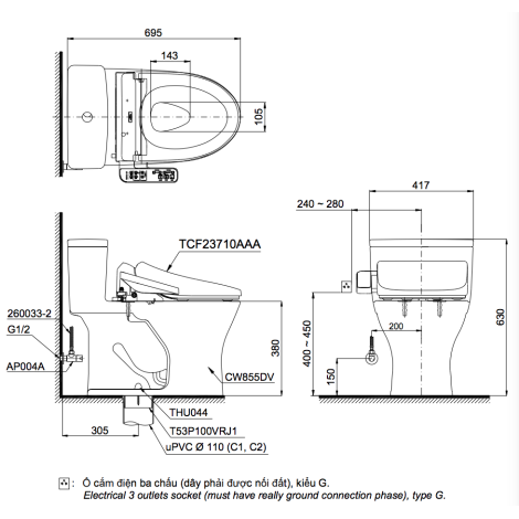 Bồn Cầu Điện Tử TOTO MS855DW18 Nắp Rửa Washlet TCF23710AAA C2 Simple