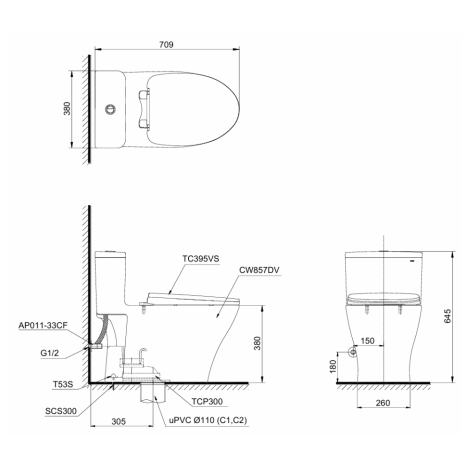 Bồn Cầu TOTO MS857DT10 1 Khối Nắp TC395VS