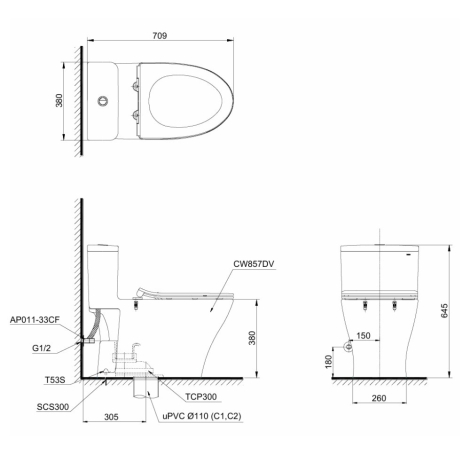 Bồn Cầu TOTO MS857DRT3 Khối Nắp TC385VS