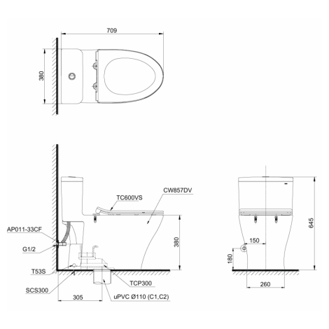 Bồn Cầu TOTO MS857DT8 1 Khối Nắp TC600VS