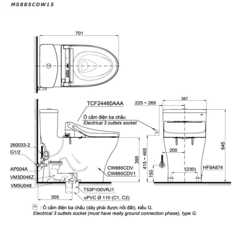 Bồn Cầu Điện Tử TOTO MS885CDW15 Washlet
