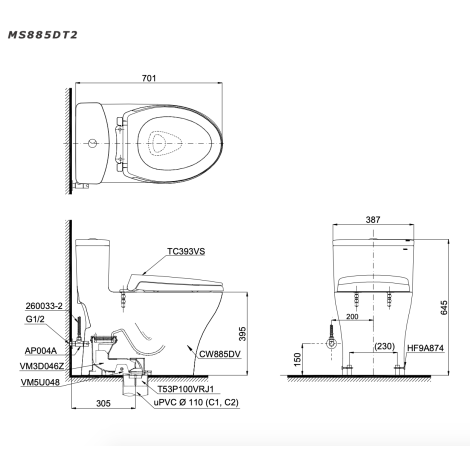 Bồn Cầu TOTO MS885DT2 1 Khối Nắp TC393VS