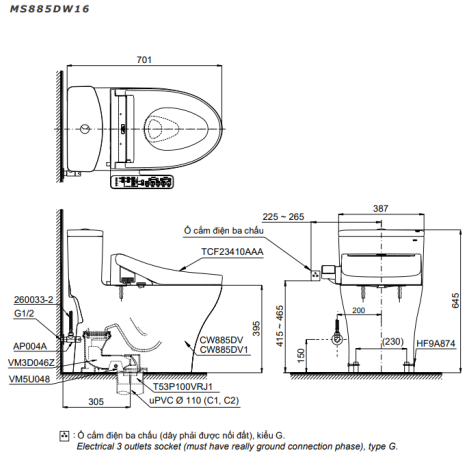 Bồn Cầu Điện Tử TOTO MS885DW16 Nắp Rửa Washlet TCF23410AAA C2