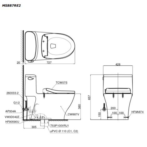 Bàn Cầu TOTO MS887RE2 (MS887E2) Một Khối Nắp Cơ