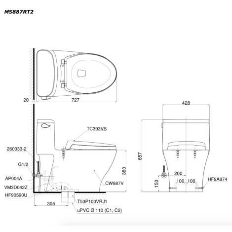 Bồn Cầu TOTO MS887RT3 (MS887T3) Một Khối Nắp TC385VS