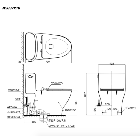 Bồn Cầu TOTO MS887RT8 (MS887T8) Một Khối Nắp TC600VS