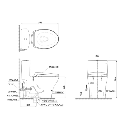 Bồn Cầu TOTO MS889DRT2 (MS889DT2) 1 Khối Nắp TC393VS