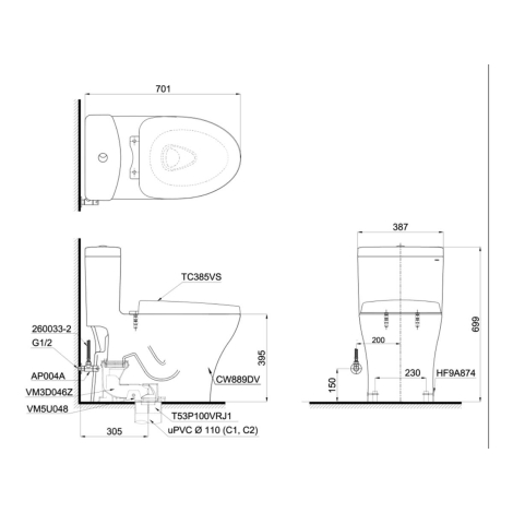 Bồn Cầu TOTO MS889DRT3 (MS889DT3) Một Khối Nắp TC385VS