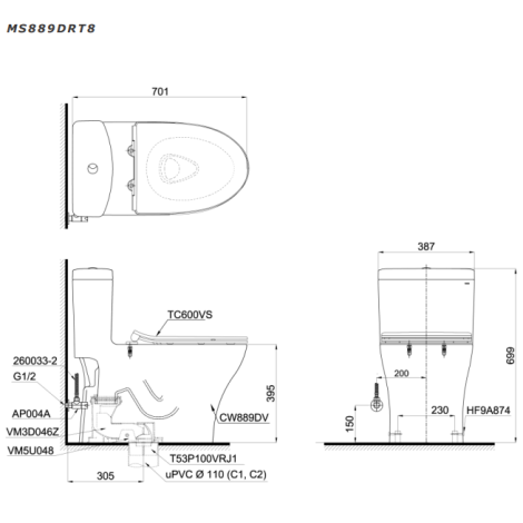 Bồn Cầu TOTO MS889DRT8 (MS889DT8) Một Khối Nắp TC600VS