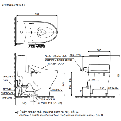 Bồn Cầu Điện Tử TOTO MS889DRW16 Nắp Rửa Washlet TCF23410AAA C2