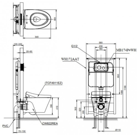 Bồn Cầu TOTO CW822REA/MB174P#WH/WH172AAT/TCF4911EZ Nắp Điện Tử Treo Tường
