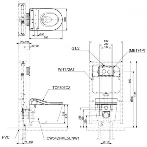 Bồn Cầu TOTO CW542HME5UNW1/TCF801CZ/WH172AT/MB175M#SS Treo Tường Giấu Dây