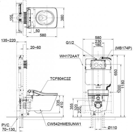 Bồn Cầu TOTO CW522EA/TCF804C2Z/WH172AAT/MB171M#SS Nắp Điện Tử Treo Tường Tự Xả Nước