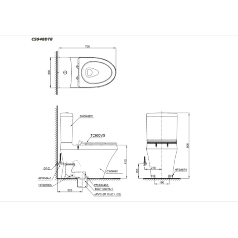   Bàn cầu hai khối, CS948DT8#XW nắp đóng êm TC600VS 